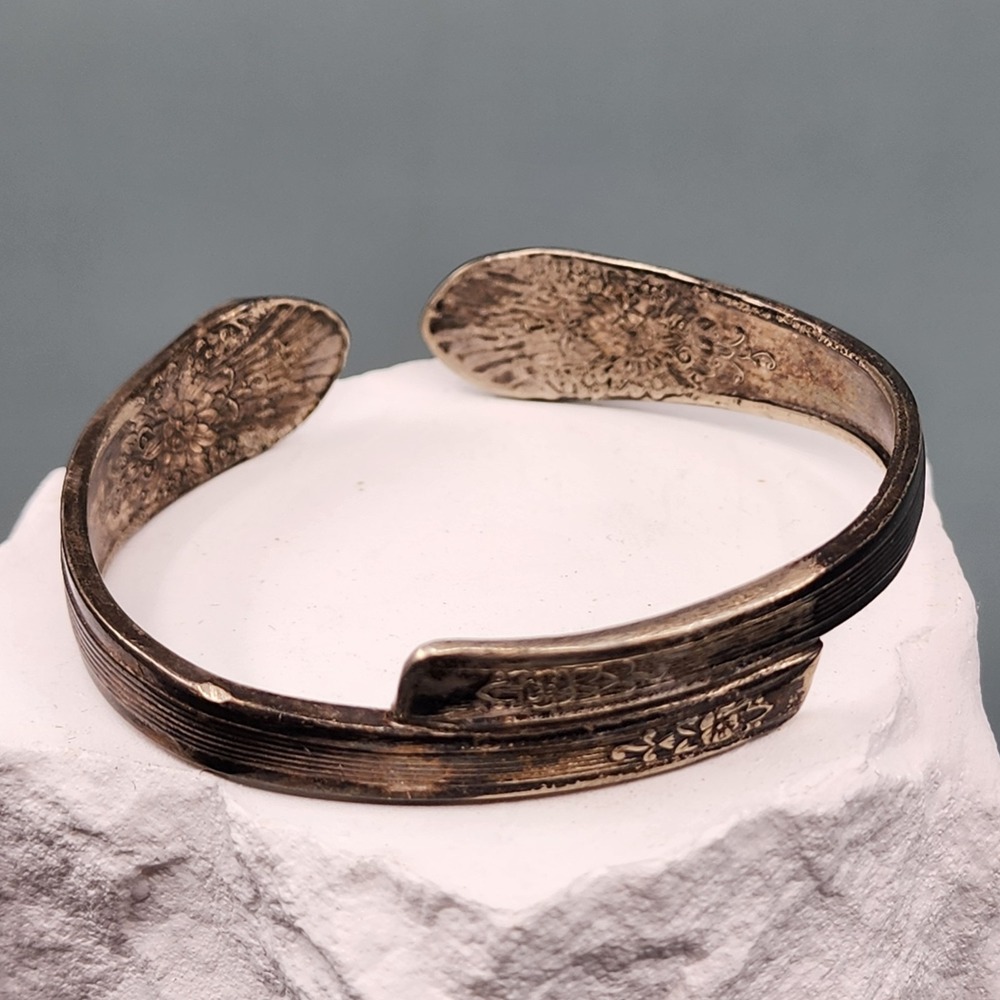 Silver Tone Floral Spoon Cuff Bracelet Embossed Flatware Open Bangle Statement